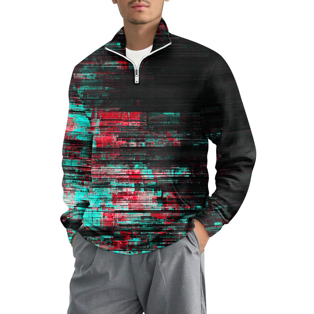 Men's Loose Casual 1/4 Zip Sweatshirt Fashion Printed Long Sleeve Top With Pockets