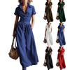 Women’s Short Sleeve Button Down Collared Maxi Dress with Vintage Western Style and Chest Pocket Design for Casual Wear