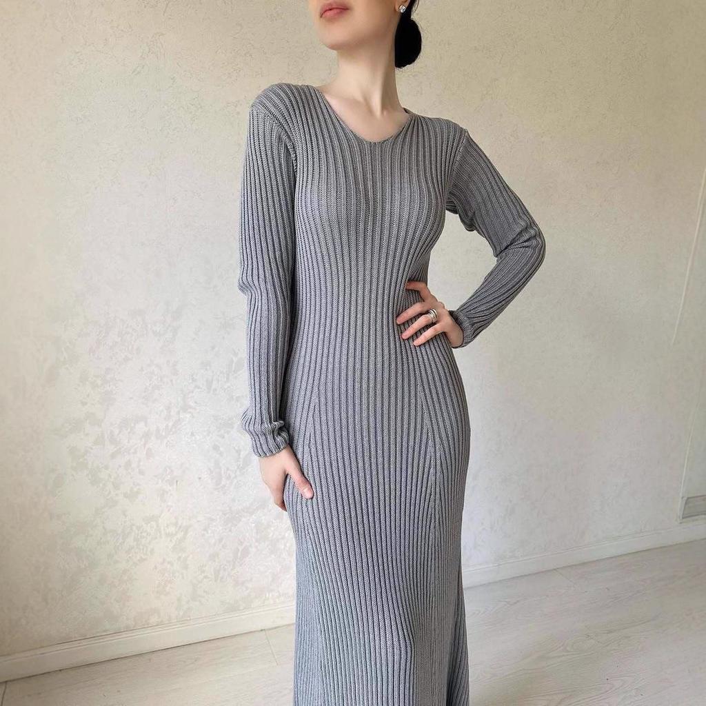 2025 Autumn Women's Slim Fit Knitted Dress - Casual Long Sleeve Round Neck