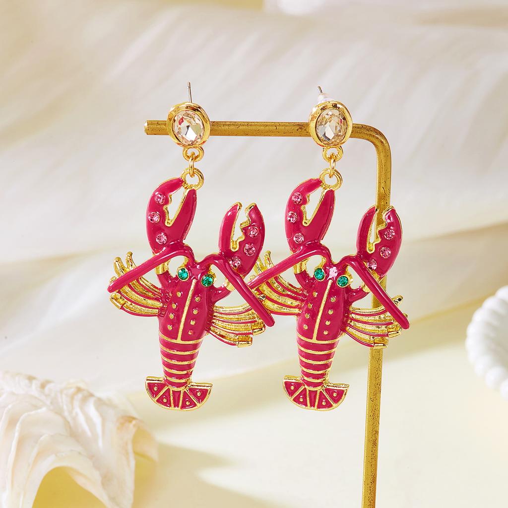 Cute Red Lobster Dangle Earrings for Women Shiny Rhinestone Enamel Ocean Animal Jewelry Summer Vacation Accessories