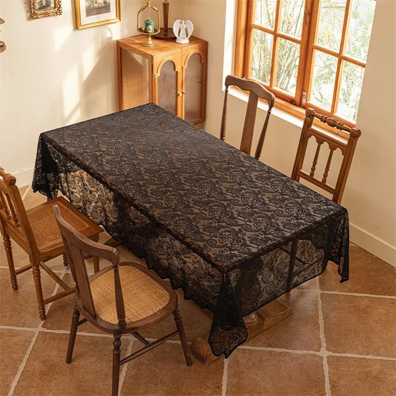 1pc Black Lace Tablecloth with Phoenix Tail Flower Embroidery for A Wedding, Suitable for Outdoor Parties and Home Decoration