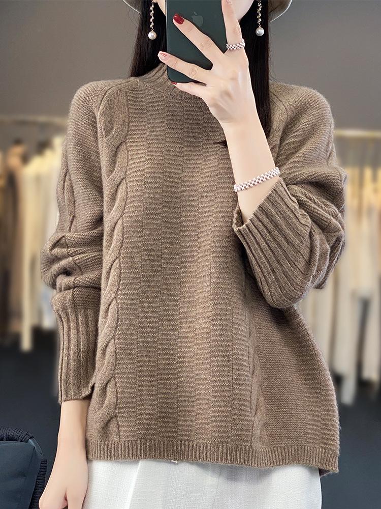 Women's 100% Wool Long Sleeve Half-High Neck Pullover Sweater