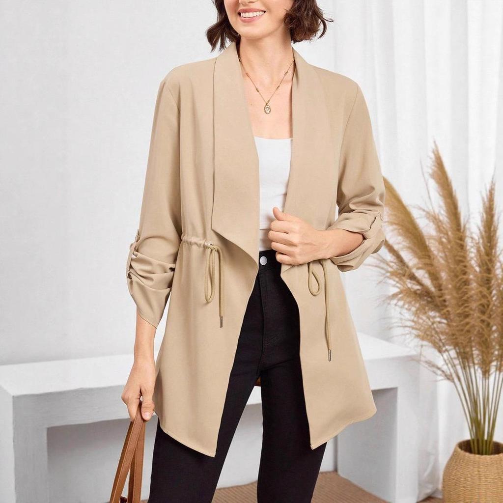 Women's Autumn and Winter Fashion Loose Solid Color Rolled-up Sleeved Mid-length Trench Coat