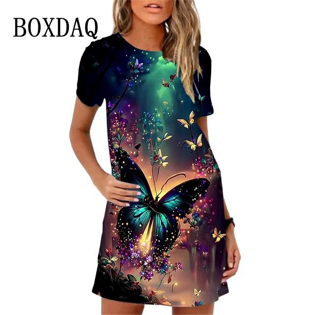 Abiti con Stampa Digitale 3D Donna Estate Manica Corta Scollo O Casual Ampio Vestito