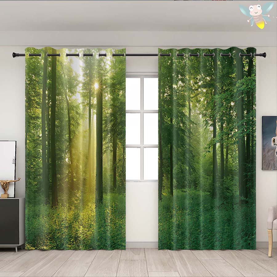 2PC High Blackout Perforated Curtains, Double-sided Matte, Bedroom, Balcony, Living Room, Fresh Green Forest Print