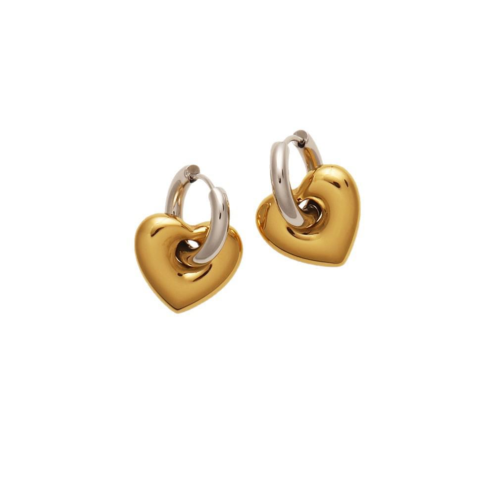 Creative French Heart Set: Stainless Steel Earrings & Pendant for Women - Gold & Silver. Fashionable, Color-Blocked, Unique Ear Jewelry.