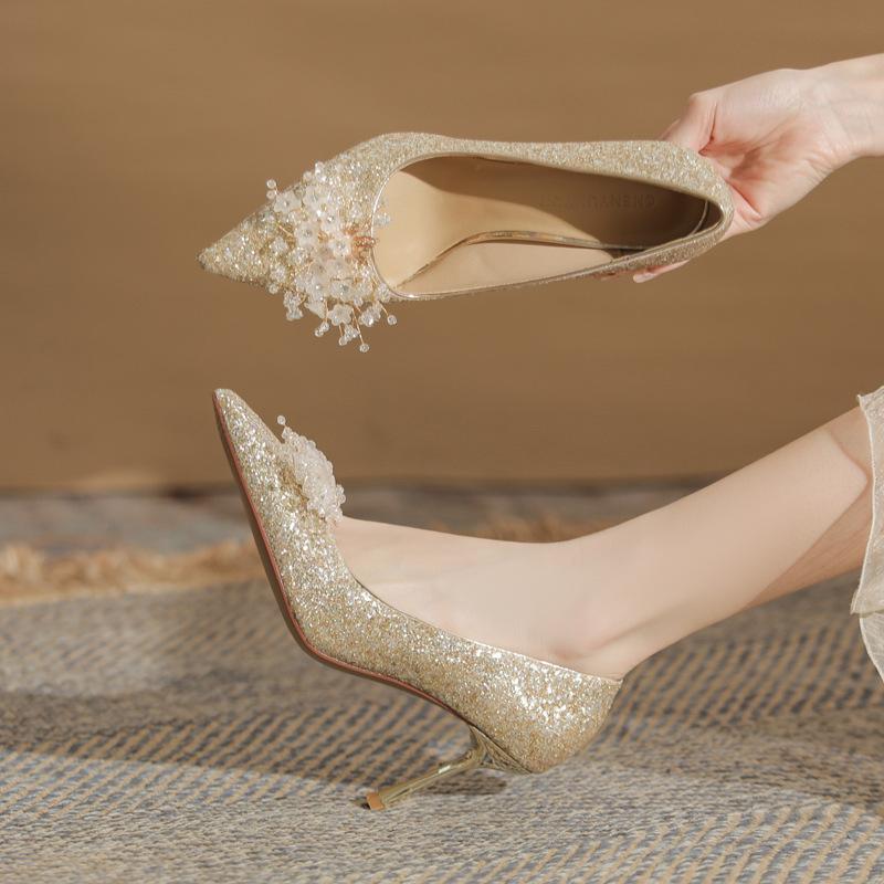 High heels are not tired of feet, silk sequins, flower shoes, thin heels, women's shoes, versatile pointed single shoes, sandals, women's summer