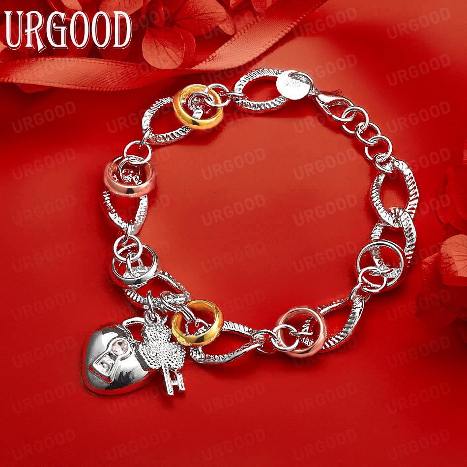 925 Sterling Silver Key-Heart Shaped Bracelet Fashion Wedding Jewelry 20CM