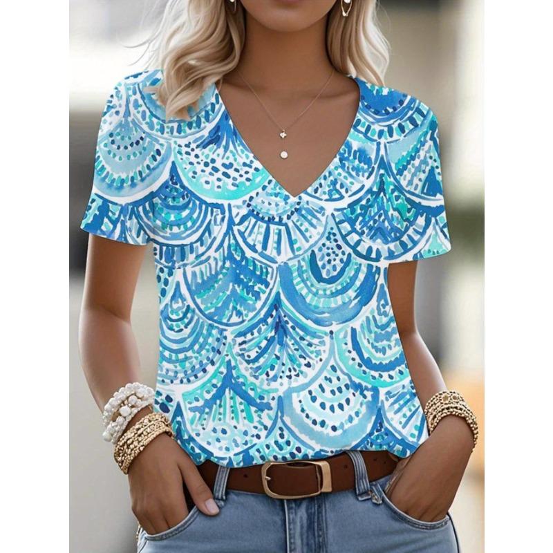 

Women s 3D Full-Body Printed Casual V-Neck T-Shirt - Blue Scallop Shell Print Front & Back, Lightweight Breathable Fabric XL