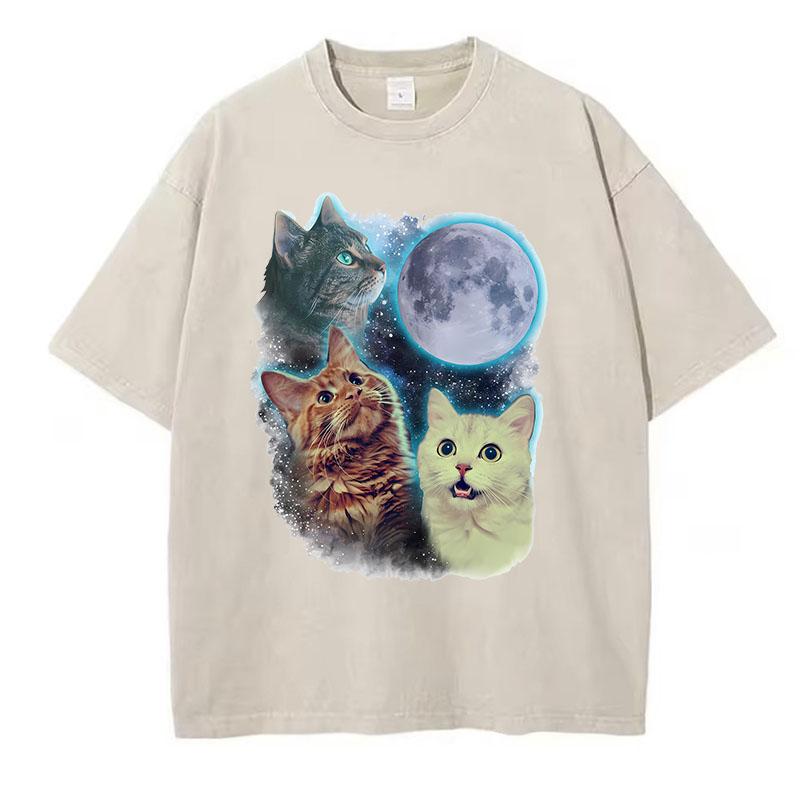 Funny T Shirt Vintage Washed Cotton T-Shirt Cat Moon Star Graphic Tee Casual Streetwear Spring Summer Top