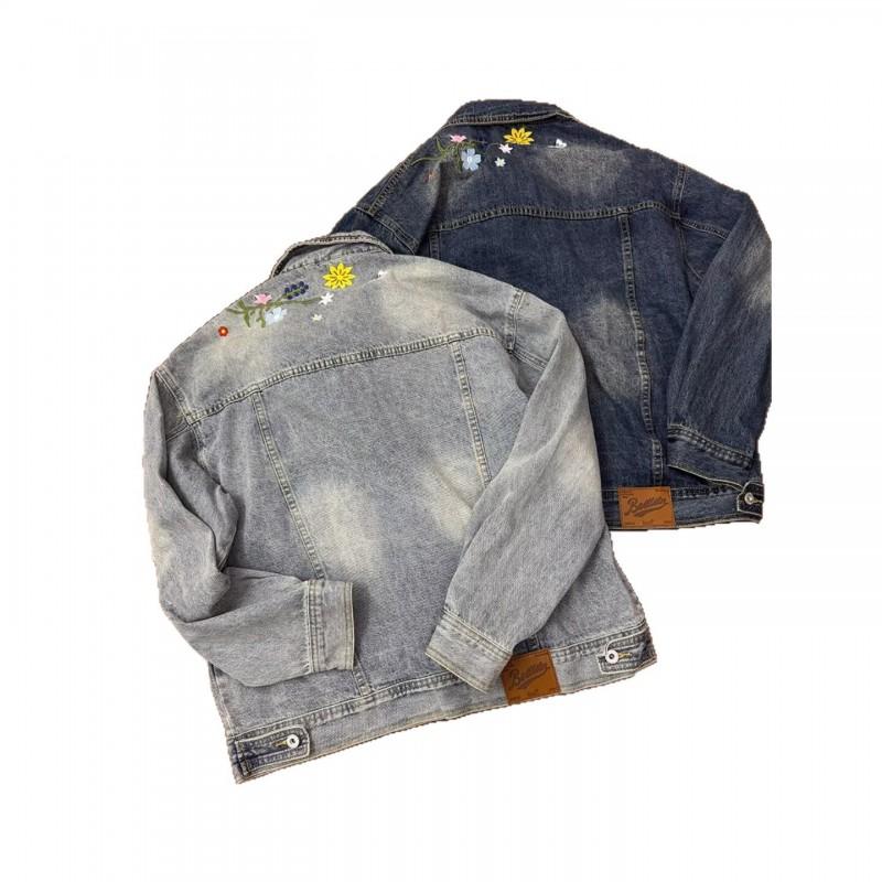 Unisex Streetwear Denim Jacket With Embroidery Detail Loose Fit Outerwear