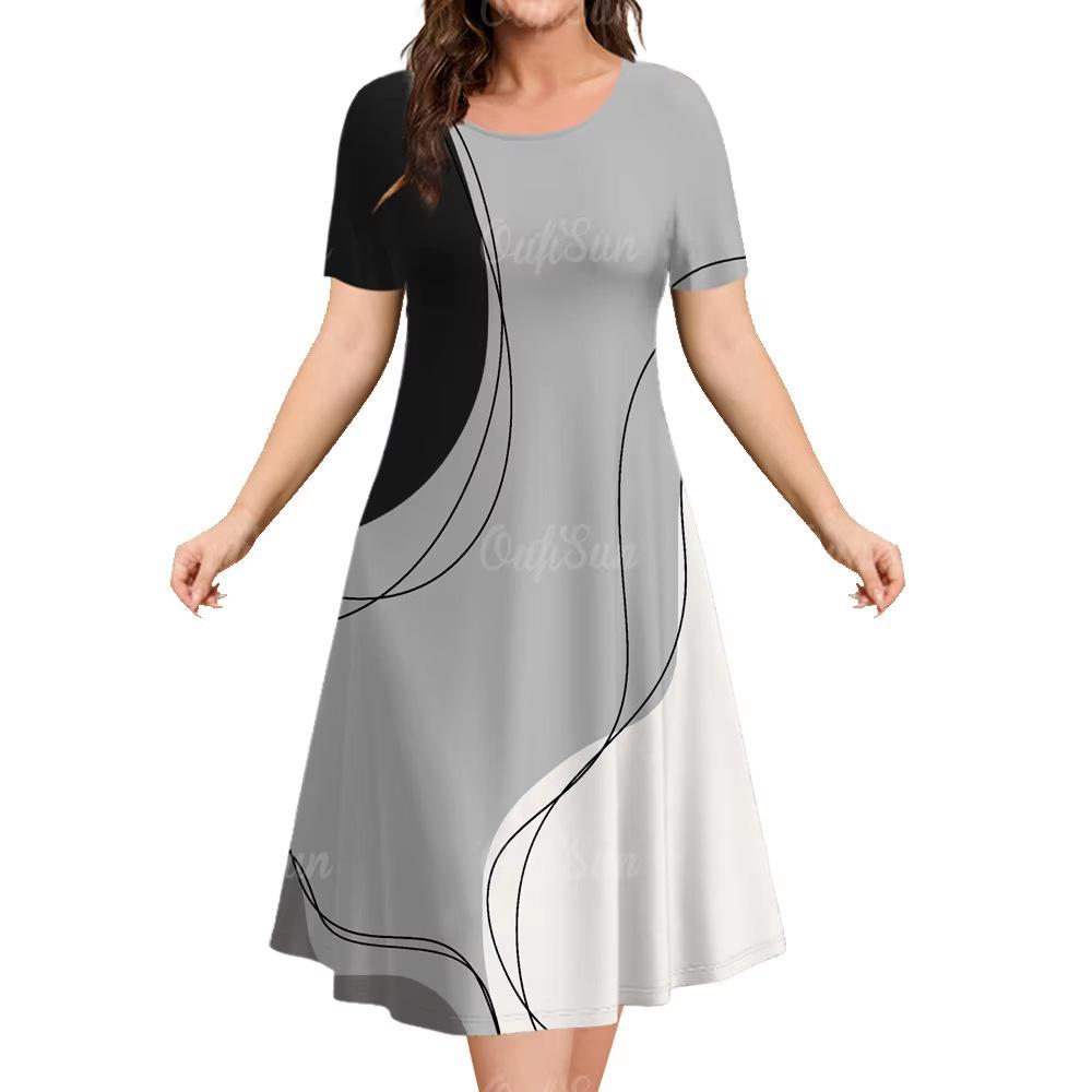 Elegant Women Short Sleeve Fashion 3d Print Midi Dress Plus Size Beach Clothing