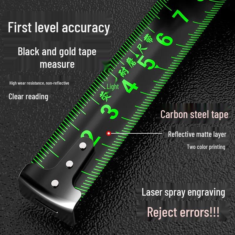5m/10m Self-Locking Fluorescent Tape Measure, High Precision Stainless Steel, Wear-Resistant, Black & Gold, Thickened Casing