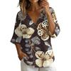 Women's Vintage Floral Print V Neck Loose Fit Short Sleeve Blouse Linen Blend Casual Top with Button Detail