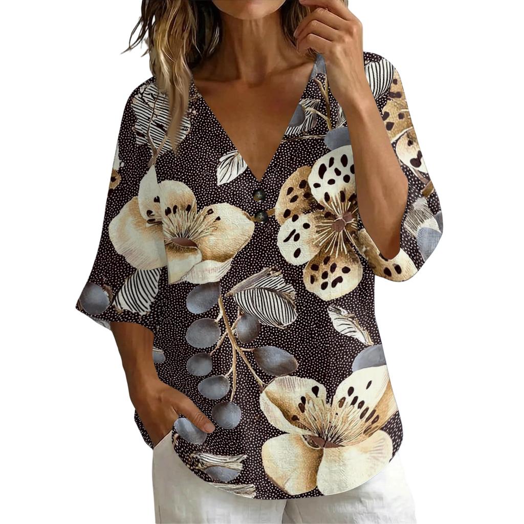 Women's Vintage Floral Print V Neck Loose Fit Short Sleeve Blouse Linen Blend Casual Top with Button Detail