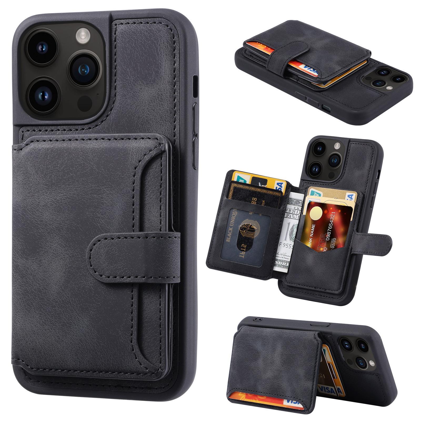 

For iPhone 14 Pro Max Phone Wallet Case RFID Blocking Leather Coated TPU Kickstand Cover Black