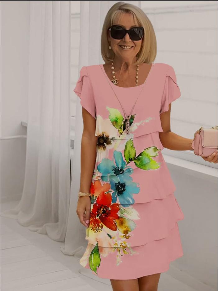 2025 Summer Women's Short Sleeve Tiered Chiffon Dress - European & American Style