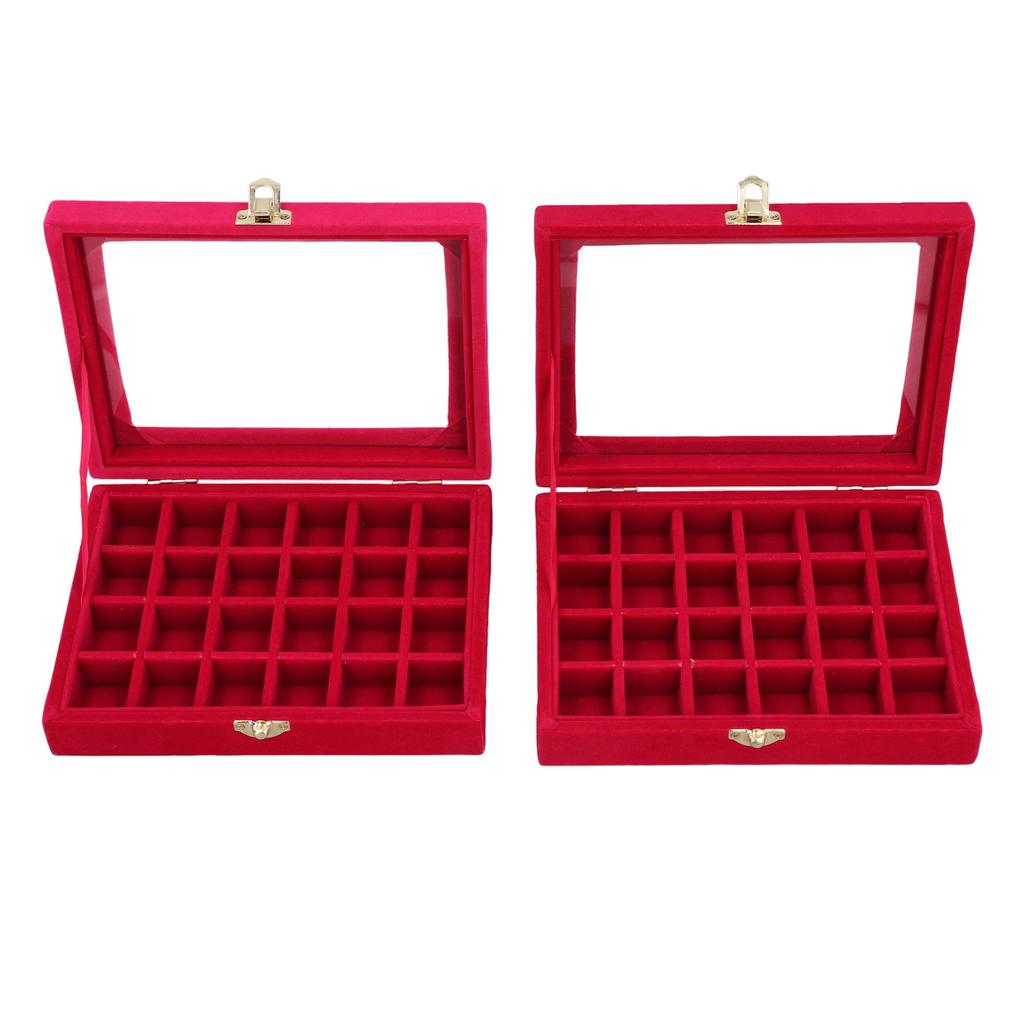 2pcs Velvet Jewelry Storage Box 24 Grids Jewelry Ring Display Box with Transparent Lid for Earrings Rings Bracelets