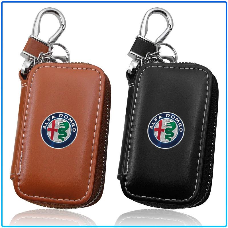 For Alfa Romeo 159 147 156 166 Giulietta Giulia Mito Stelvio Brera Spider 1Pcs Leather Emblem Car Key Case Keychain Zipper Key Case Bag