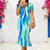 Women Plus Size V Neck Short Sleeve Blue White Pink Printed Fishtail Dress