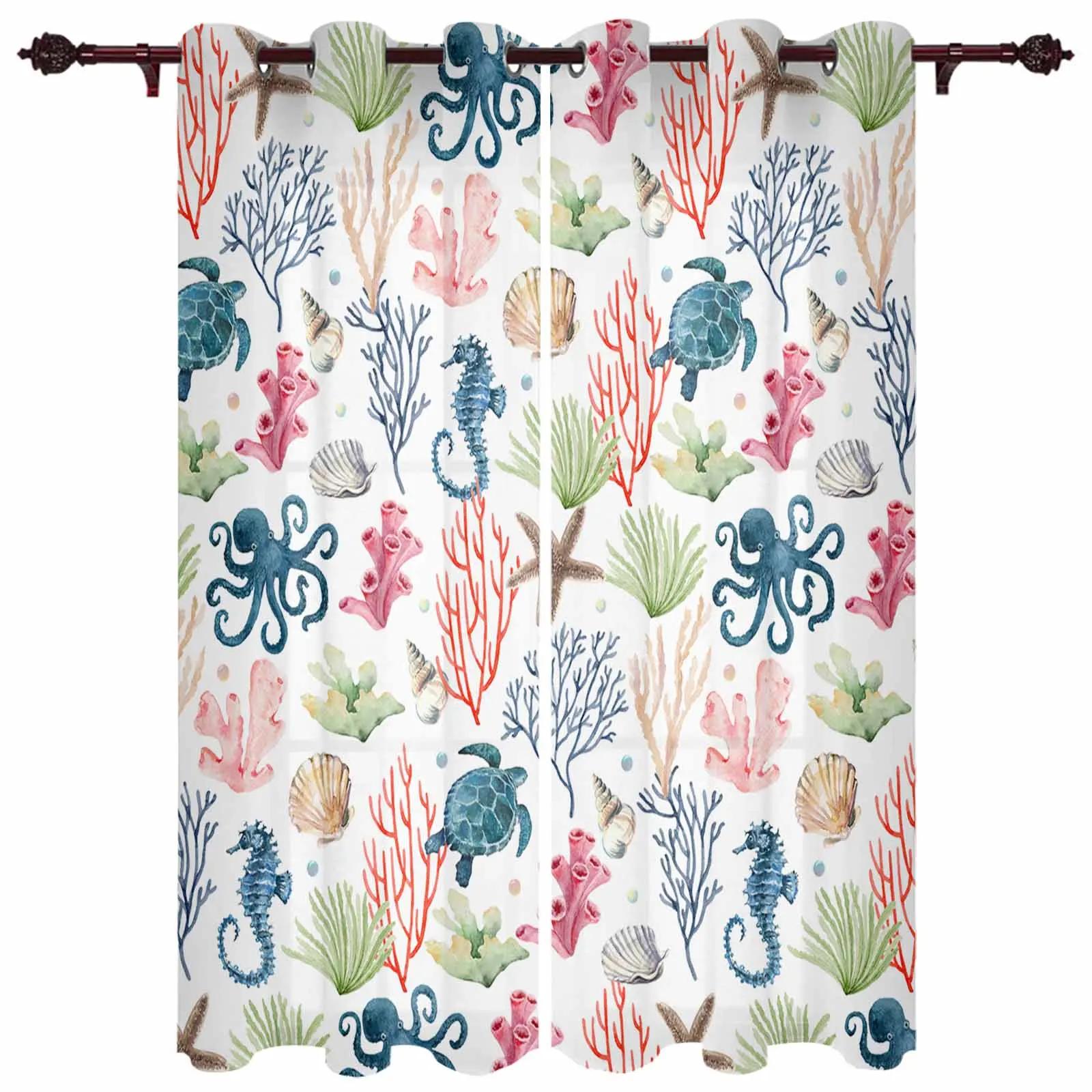 

Синие морские коралловые ракушки морские звезды современные шторы на окна для гостиной спальни шторы для кухни жалюзи шторы 2 шт. 2x50W100H(CM)&hook