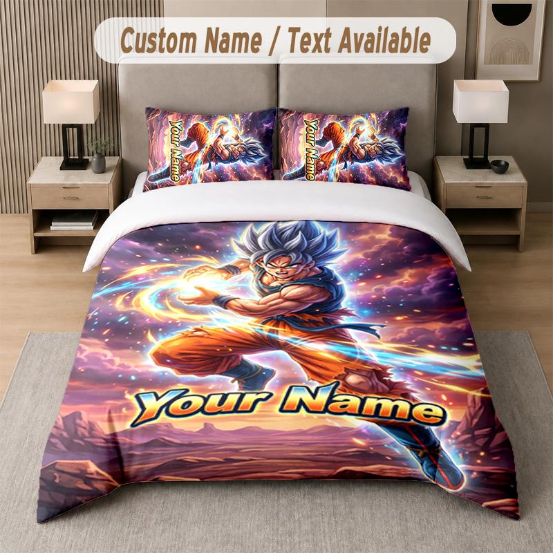 Dragon Ball 3Pcs Bedding Set, Personalized Custom Name Text, 1 Duvet Cover & 2 Pillowcases For Bedroom
