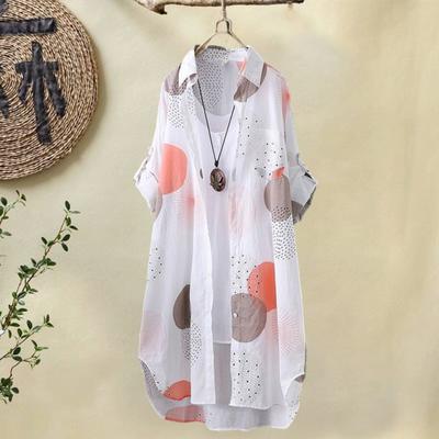 Women Long Cardigan Irregular Hem Contrast Color Single-breasted Lapel Loose Printed Thin Long Sleeve Patch Pocket Lady Coat