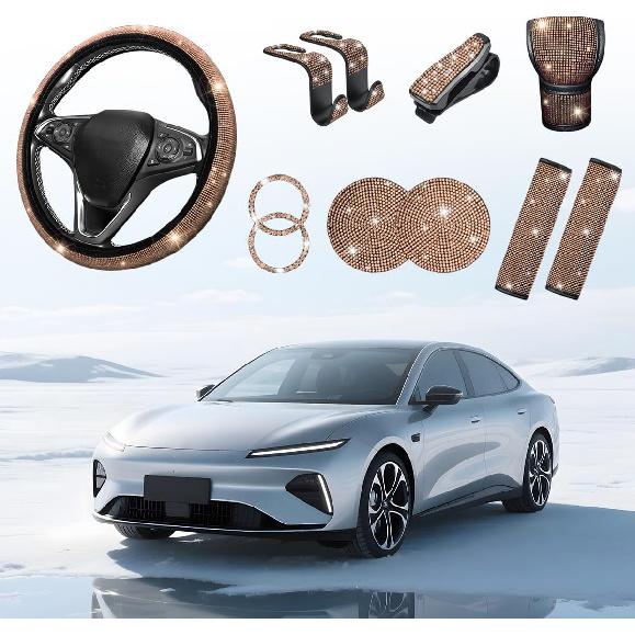 11PCS/Set Bling Car Accessories Set for Women, Rhinestone Vehicle Steering Wheel Cover Seat Belt Cushion Gear Shift Protector Cup Holder Coaster,