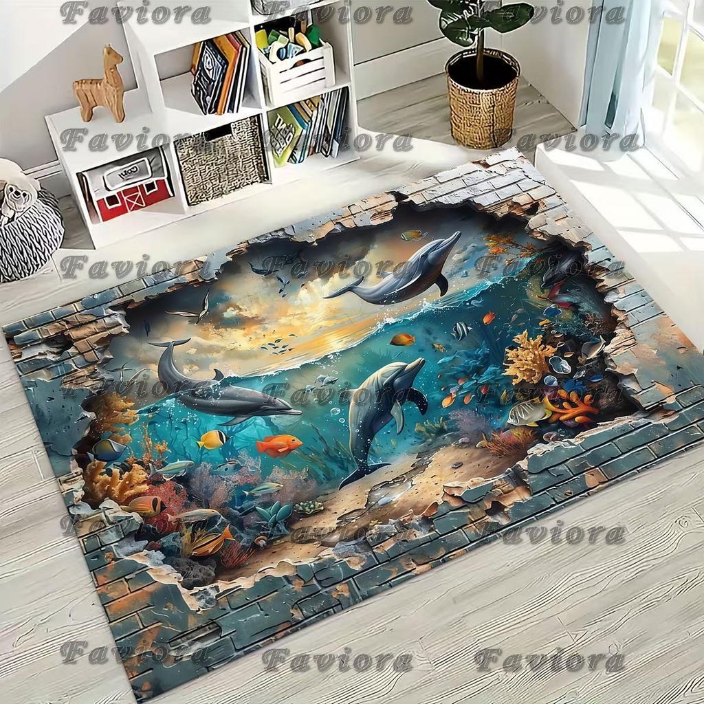 27 Style 3D Illusion Sea Underwater World Dolphin Rug for Bedroom Living Room Sofa Home Doormat Decor, Kids Non-slip Floor Mat