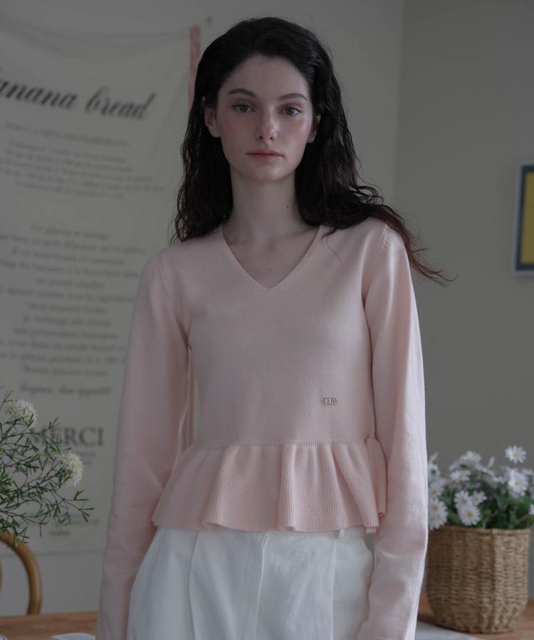 DEHEVE V-Neck Flare Shirring Knit [Pink]