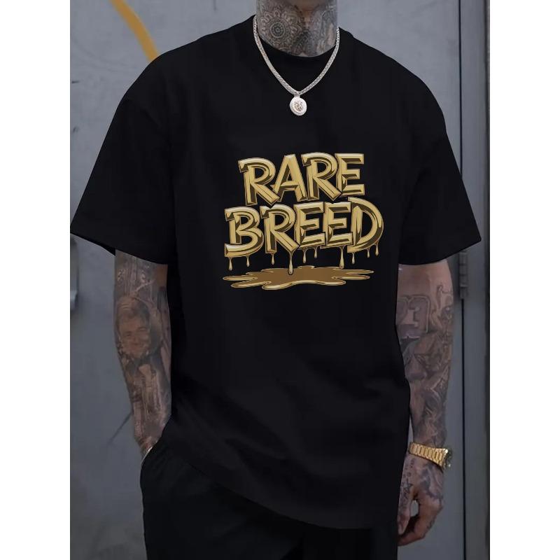 Europäische Größen Oversized Schwarzes T-Shirt für Herren mit Goldenem Rare Breed Drip Print - Streetwear Sommer Essential, Atmungsaktives Kurzarm-T-Shirt,