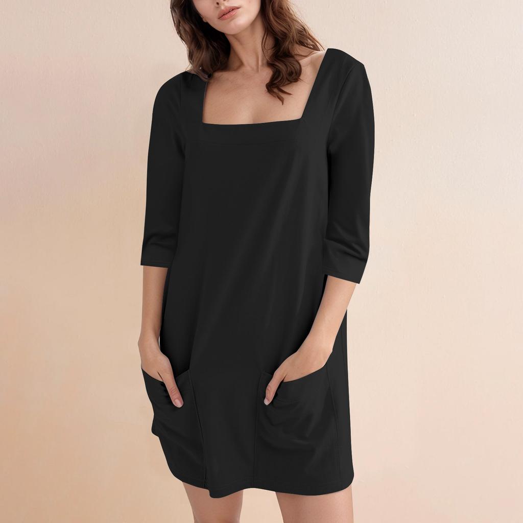 Women's Fashion Casual Solid Color Square Neck 3/4 Sleeve Short Dress