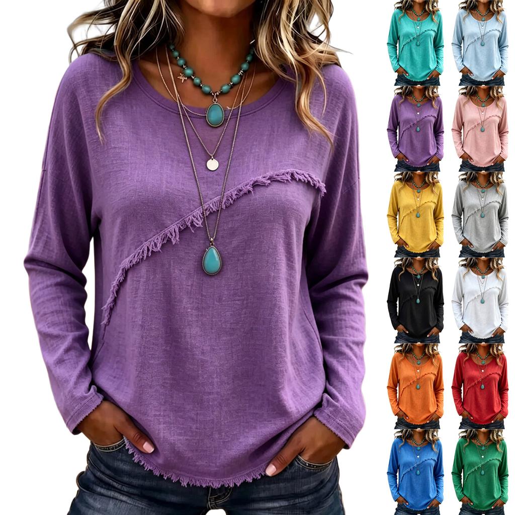 Women's Retro Trim Long Sleeve Blouse, Color Round Neck Top for Casual Wear