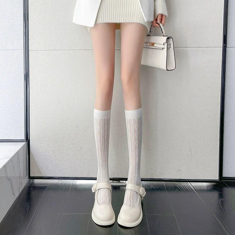 Japanese Lace Stockings Children Thin Mid-Calf Length SocksinsTrendy Hollow Heart Jacquard White Calf Socks Mesh Stockings Stude