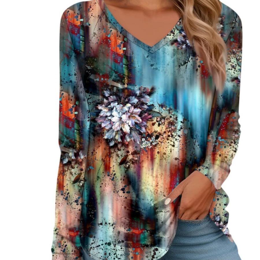 Women's Fashion V-neck Long Sleeved T-shirt Vintage 3d Printed Top