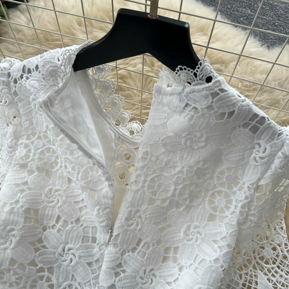 Abito Midi Elegante da Donna con Ricami in Pizzo, Manica Corta, Vita Alta, Linea ad A, Estivo, Casual, da Festa, per Matrimonio, da Vacanza, da Spiaggia