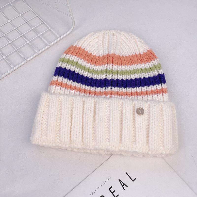 Hat Women's Autumn and Winter Outdoor White Belt Knitted Hat To Protect Against Cold and Warm Niche Color Blocked Woolen Hat for Women