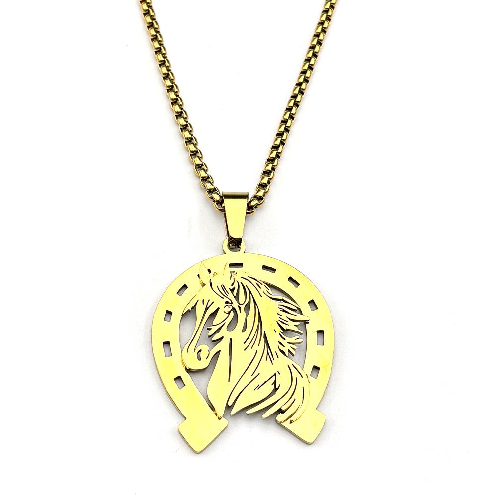 Hollow Horses Head Horseshoe Pendant Necklace for Men Women Stainless Steel Gold Silver Color Animal Chain Horse Lucky Jewelry