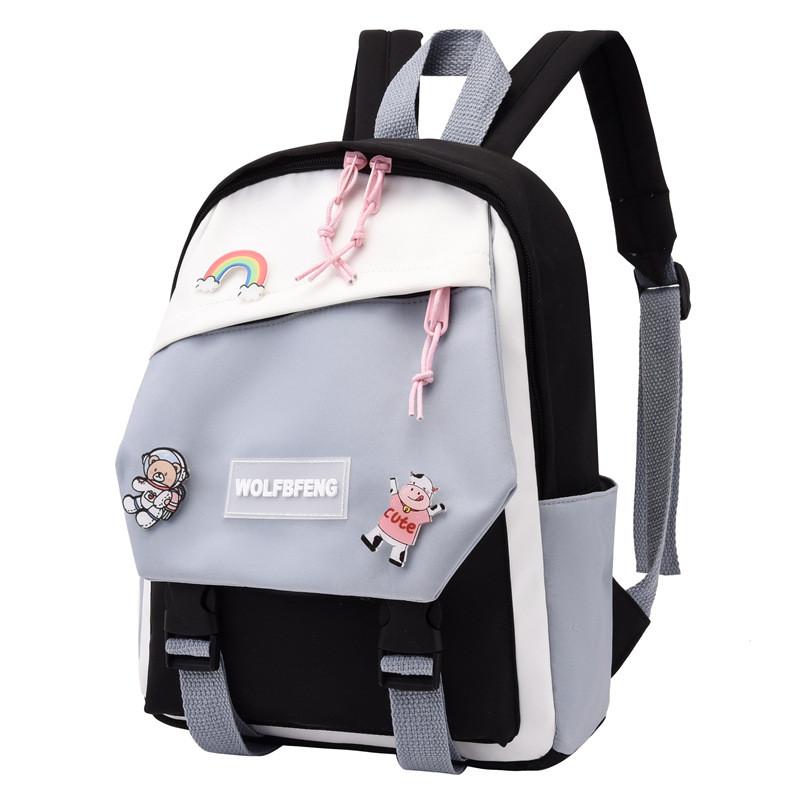 Blocked Simple Color Children Backpack Student  With Cartoon Badge School For
