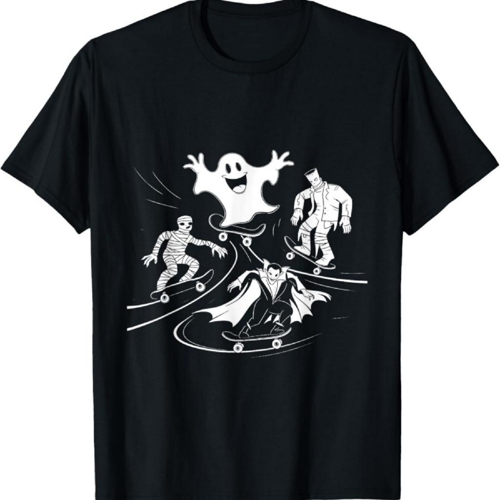 Halloween Mummy Dracula Frankenstein Ghost Skateboard Skater T-Shirt