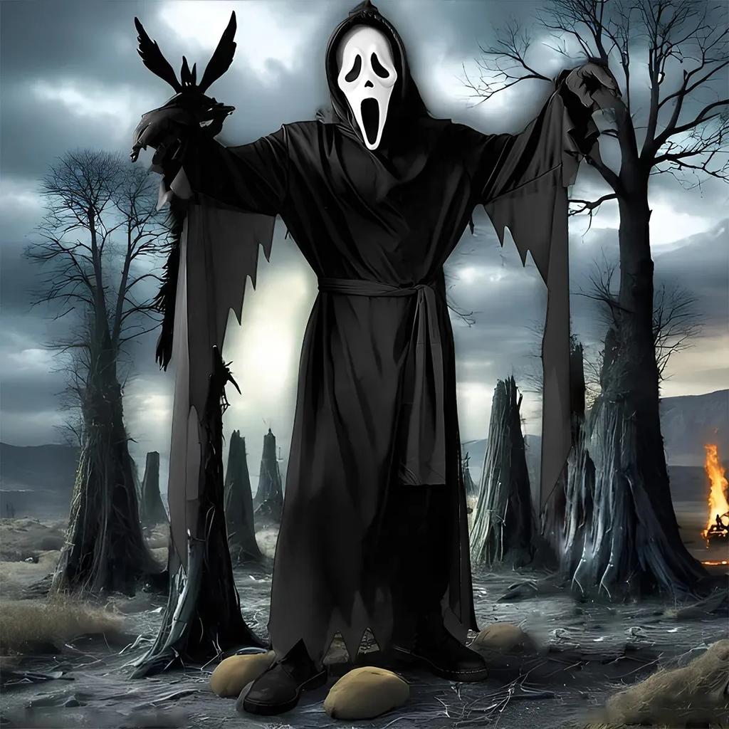 Halloween Dämon Geister Kostüm Mann Frauen Erwachsene Schwarz Schrei Tod Dämon Sensenmann Cospaly Kleidung Mit Maske Spiel Kostüme