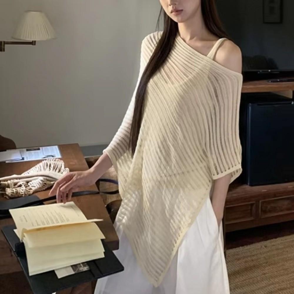 Transparent Sunscreen Cover Up Stripe Patchwork Bohemian Shawl Casual Crochet Hollow Top Vacation