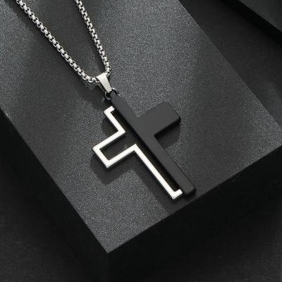 1 Black and White Glossy Cross Necklace for Men's Trendy Sweatshirt, Long Necklace, European and American Design Accessories