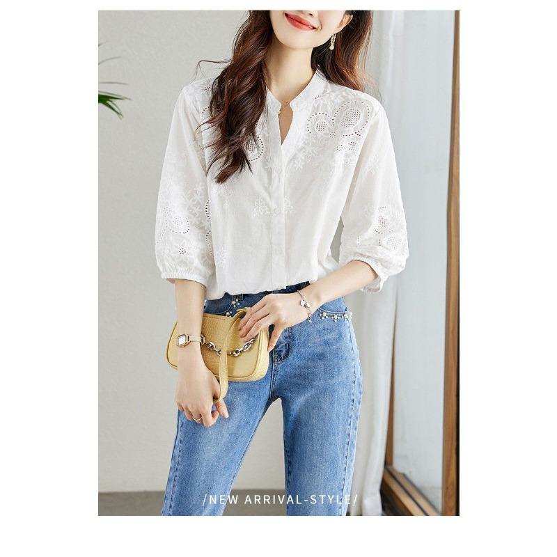 Women's White Embroidered Eyelet Blouse Stand Collar 3/4 Sleeve Casual Loose Shirt