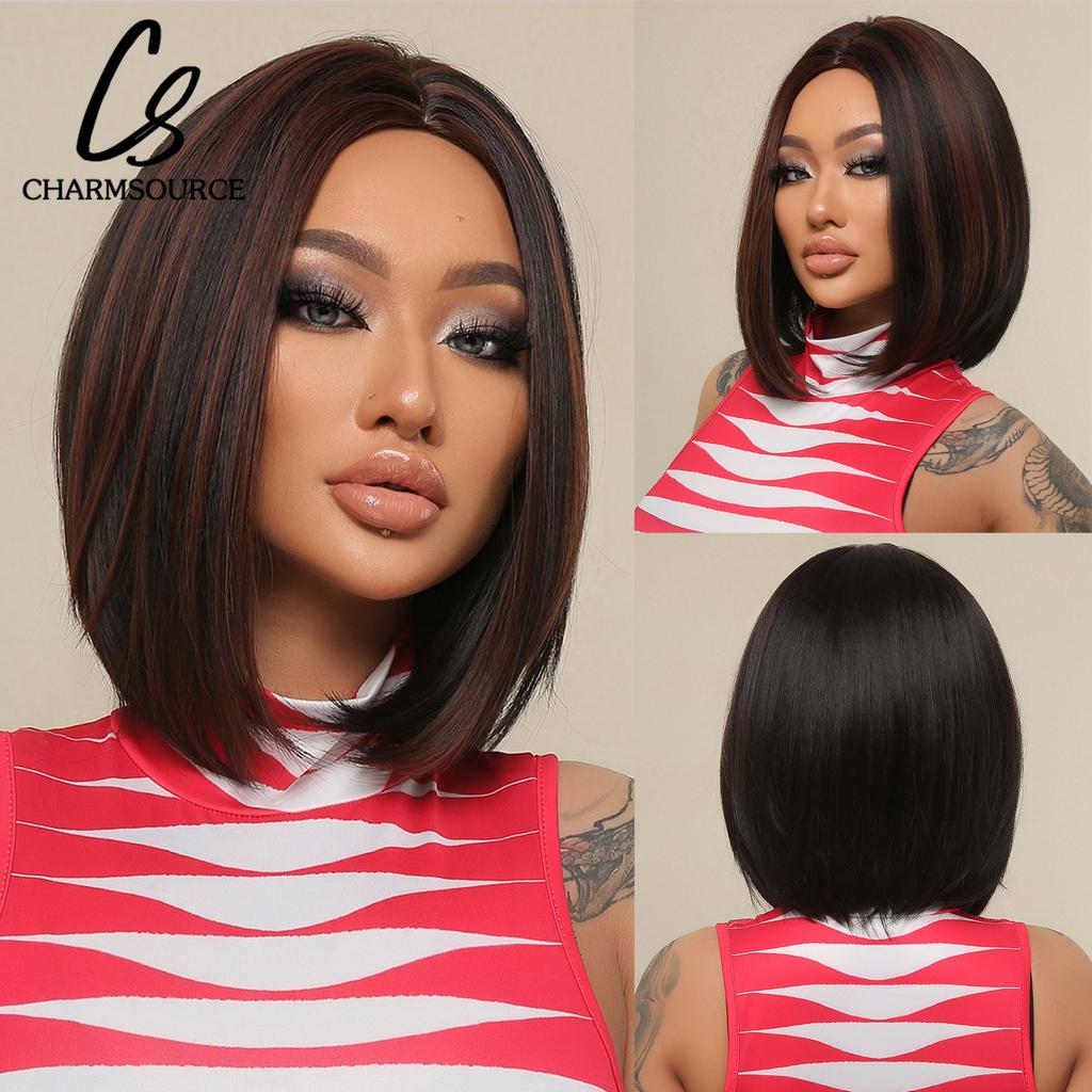 Short Synthetic Wigs Dark Brown Natural Wig with Side Bangs for Women Cosplay Daily Party Pixie Cut Wigs High Temperature Fibre