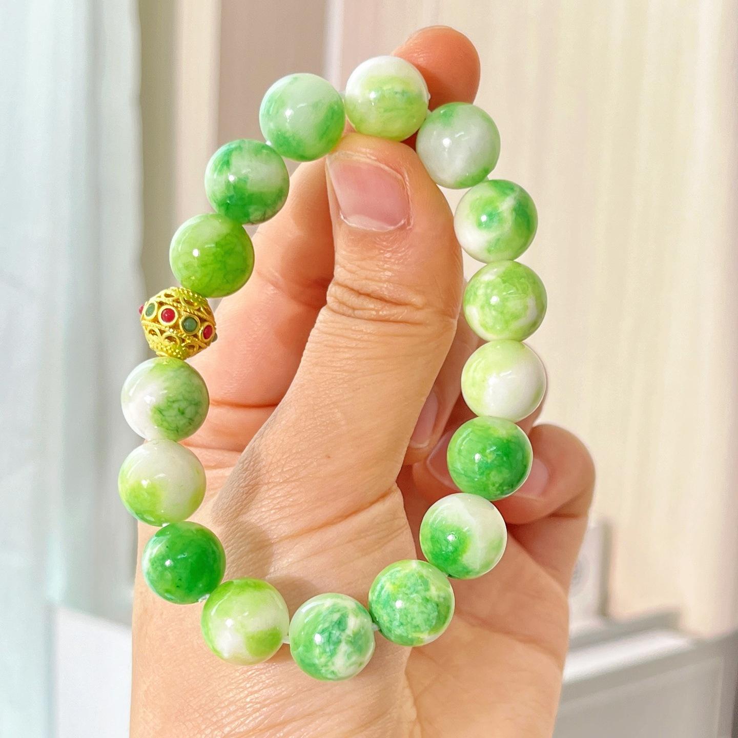 Spring 12Mm Large Particle Green Milk Cap Quartz Stone Bracelet