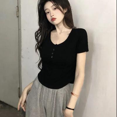 Sweet and Spicy Button Short-sleeve T-shirt for Women, Summer New Slim-fitting, Sexy U-neck Cropped Top