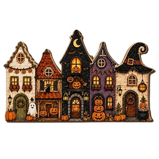Halloween Hanging Wooden Sign House Pendant with Hemp Rope for Wall Door Autumn Seasonal Art Decoration, Haunted Castle Ornaments Pumpkin Ghost