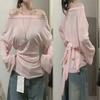 Women See Through Long Sleeve Oversize T Shirt Design Back Bandage Off Shoulder Top Female Long Tees Korean Lady