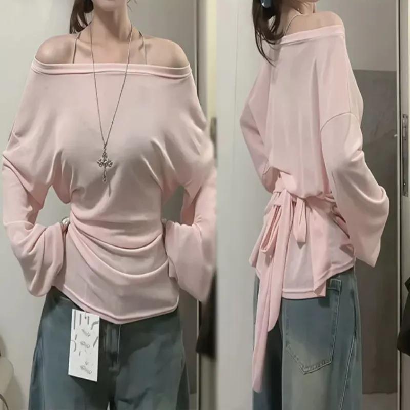 Women See Through Long Sleeve Oversize T Shirt Design Back Bandage Off Shoulder Top Female Long Tees Korean Lady